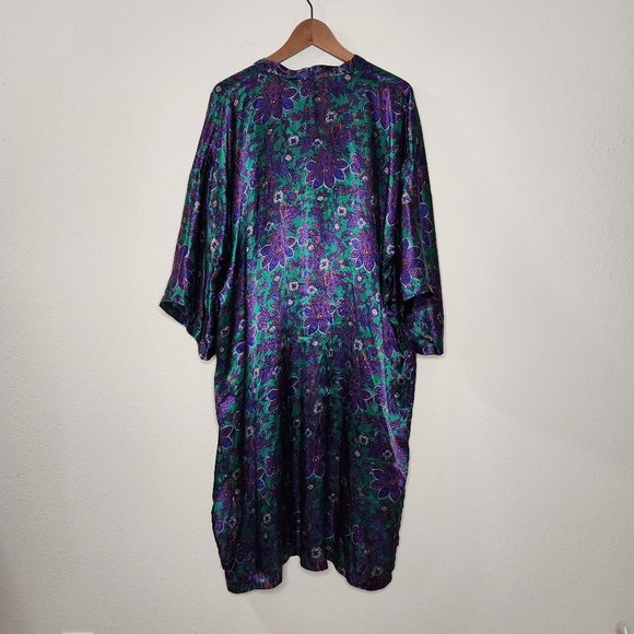 VTG Victoria's Secret OS Satin Purple Blue Floral Kimono Robe 3/4 Sleeve - Picture 5 of 5